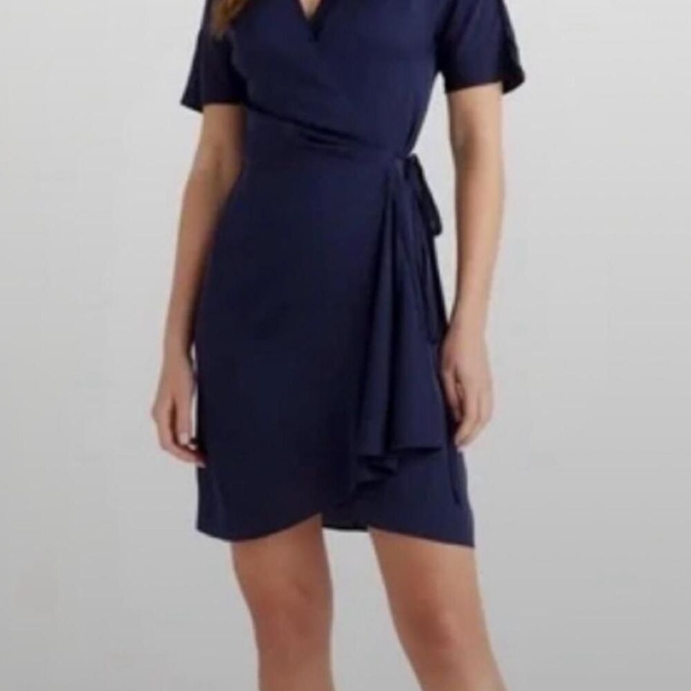 Quince Washable Silk Wrap Dress Navy Blue Medium NWOT Tie Waist Mini Dress